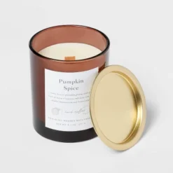Clear Colored Glass With Woodwick And Brass Metal Inset Lid Pumpkin Spice - Threshold™ -Fradel & Spies GUEST 0f1ab2d8 1770 4918 b056 6328d597fa18
