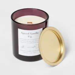 Clear Colored Glass With Woodwick And Brass Metal Inset Lid Spice Vanilla Fig Candle Purple - Threshold™ -Fradel & Spies GUEST 851e53a4 1b0e 449b 92ac ac1f0d30a37e