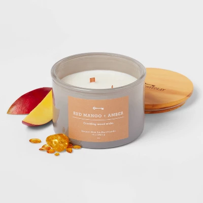14oz Lidded Gray Glass Jar Crackling Wooden 3-Wick Candle With Paper Label Red Mango + Amber - Threshold™ 2 14oz Lidded Gray Glass Jar Crackling Wooden 3-Wick Candle With Paper Label Red Mango + Amber - Threshold™ - Image 2