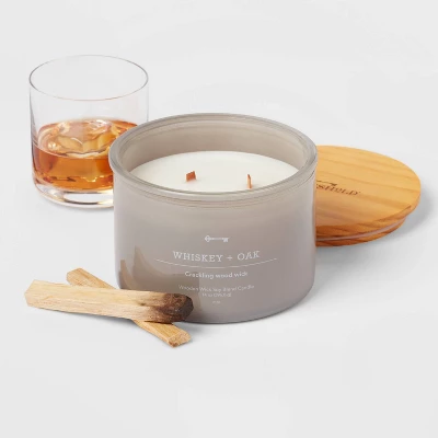 14oz Lidded Gray Glass Jar Crackling Wooden 3-Wick Candle With Clear Label Whiskey + Oak - Threshold™ 2 14oz Lidded Gray Glass Jar Crackling Wooden 3-Wick Candle With Clear Label Whiskey + Oak - Threshold™ - Image 2